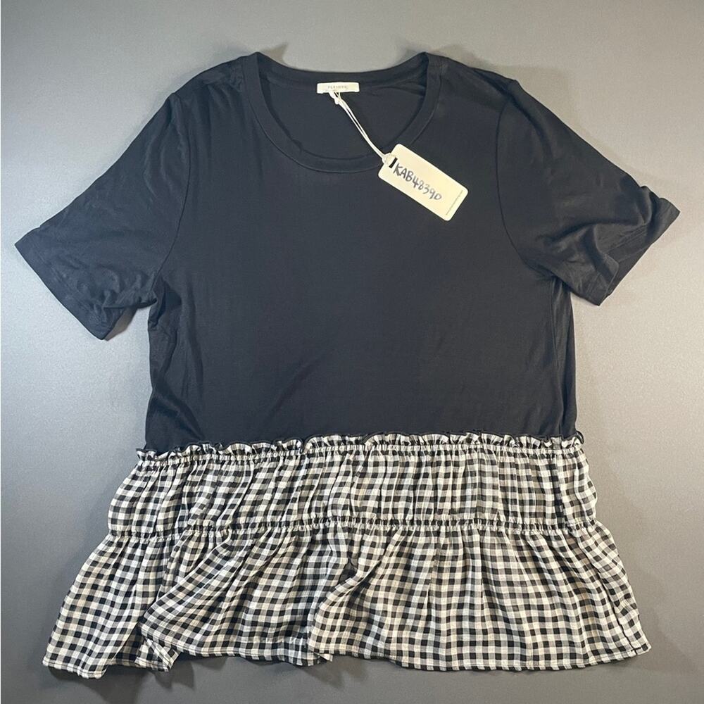 Pleione Black Gingham Ruffle Hem Short Sleeve Blouse NWT Size M